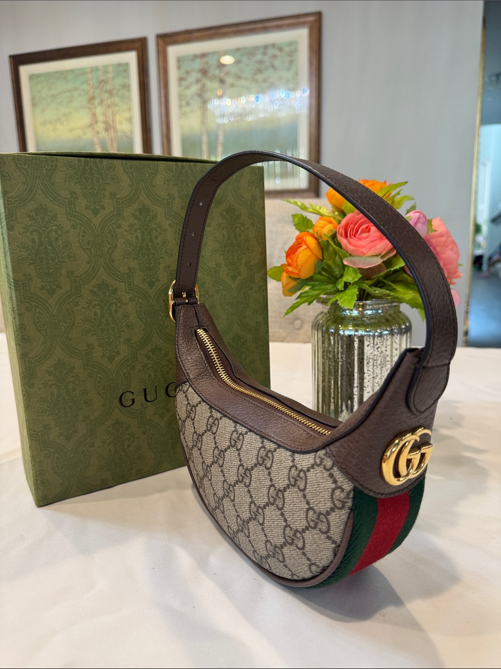 Authentic Gucci Gg Supreme Mini Shoulder Bag With Red-Green Web Stripe
